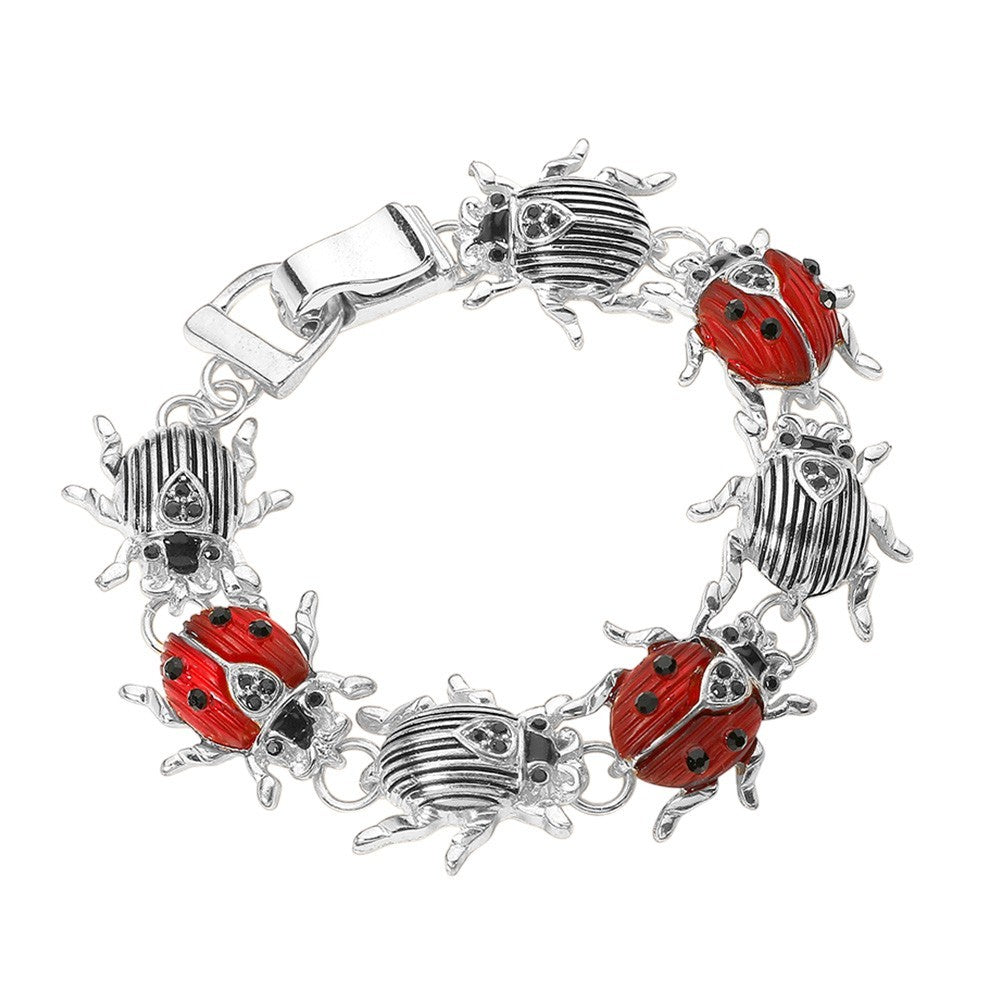 Ladybug Magnetic Bracelet Silver Tone Enamel Link Charm Bug Jewelry for Women
