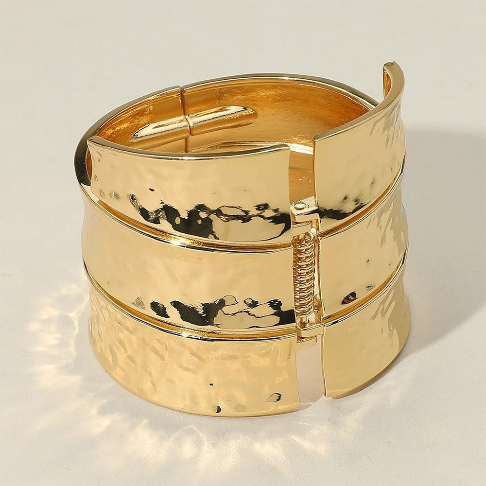 Gold Tone Wide Textured Metal Bangle Bracelet Hinged Bold Statement Jewelry