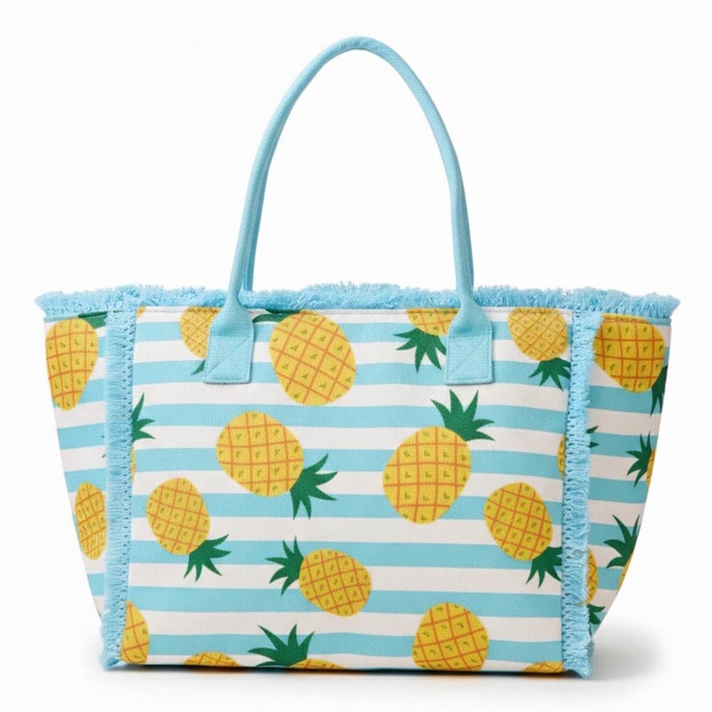 Pineapple Print Striped Canvas Tote Bag with Frayed Trim & Shoulder Straps