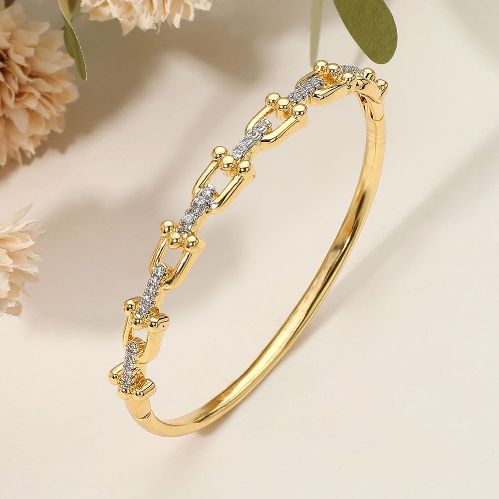 Gold Plated Cubic Zirconia Hinged Bangle Bracelet Stainless Steel Holiday Gift