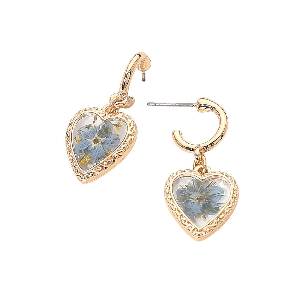 2pc Dried Pressed Flower Heart Earrings - Elegant Gold Resin Floral Jewelry Set