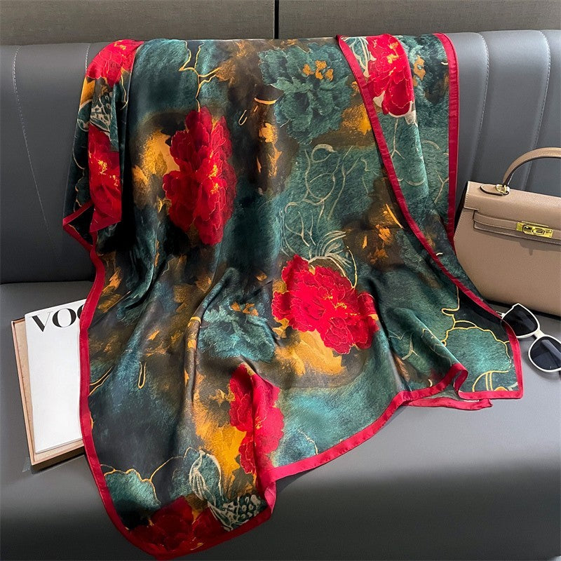 Luxury Dark Floral Silk-Feel Scarf Large Square Satin Shawl Wraps for Women