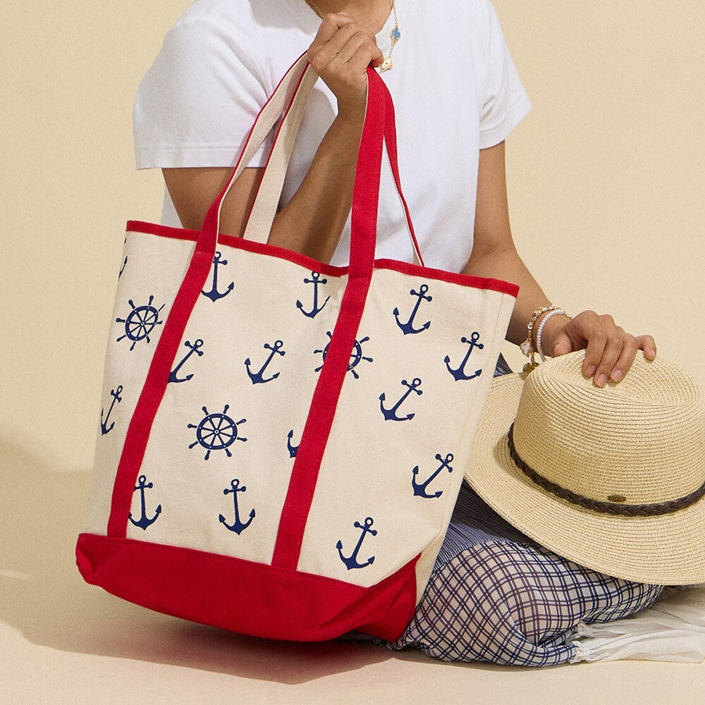 Anchor Wheel Printed Canvas Tote Bag Nautical Beach Travel Shoulder Handbag