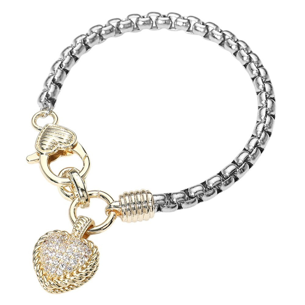 Two-Tone Cubic Zircon Stone Paved Heart Charm Bracelet with Lobster Clasp