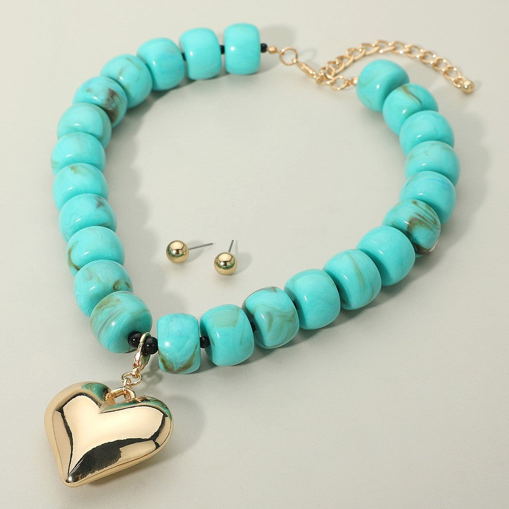 Turquoise Beaded Necklace Set Gold Heart Pendant Stud Earrings Statement Jewelry