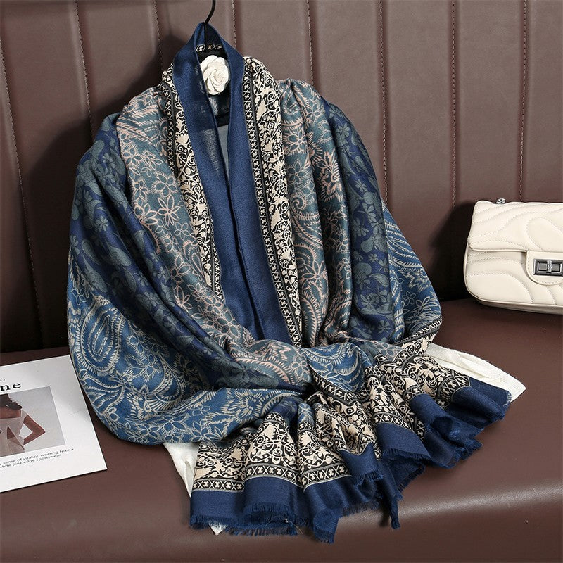 Luxury Blue Paisley Floral Scarf Shawl Wrap Winter Pashmina Style Fringed