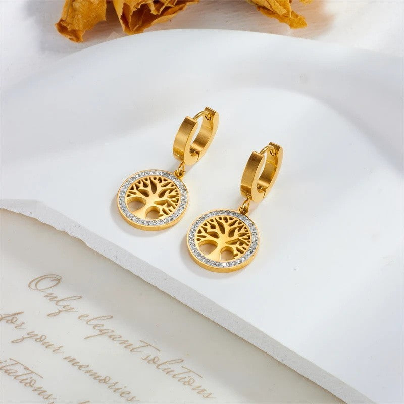 Tree of Life Heart Necklace Earrings Set Gold Layered Dainty Jewelry Gift