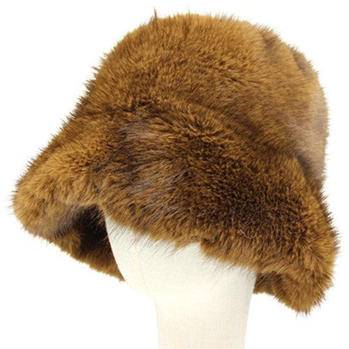 Brown Faux Fur Bucket Hat Winter Wide Brim Cozy Plush Unisex One Size Warm