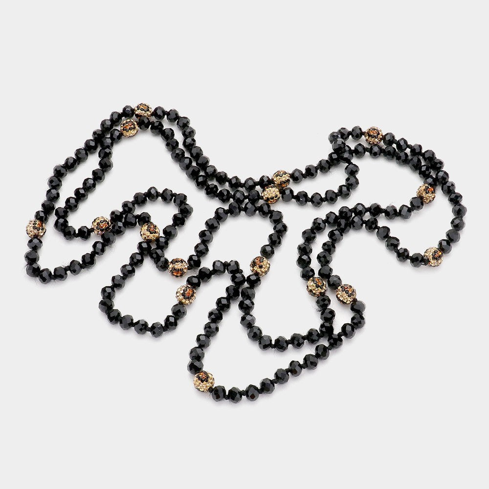 Women's Leopard Pattern Shambhala Black Ball Accented Faceted Bead Long Necklace