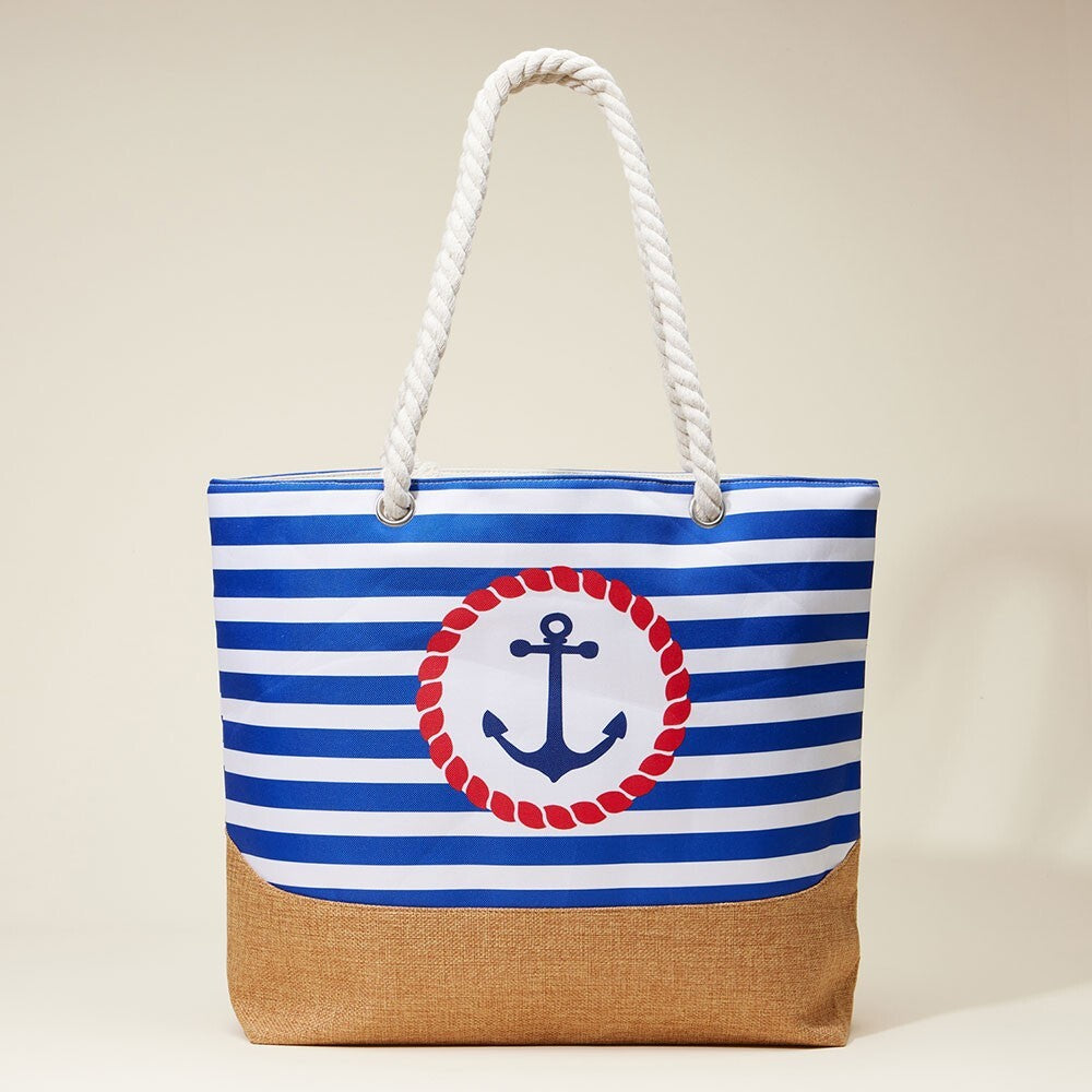 Nautical Anchor Striped Beach Tote Bag with Rope Handles Large Summer Travel