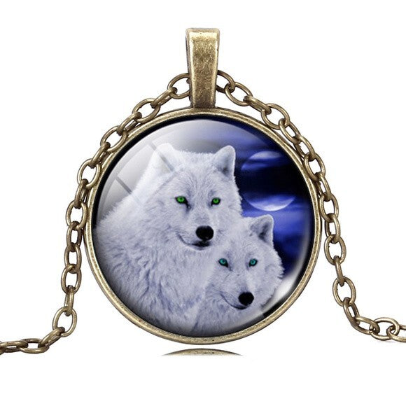 Two Wolves Cabochon Pendant Necklace | Nature-Inspired Jewelry for Women | Gift