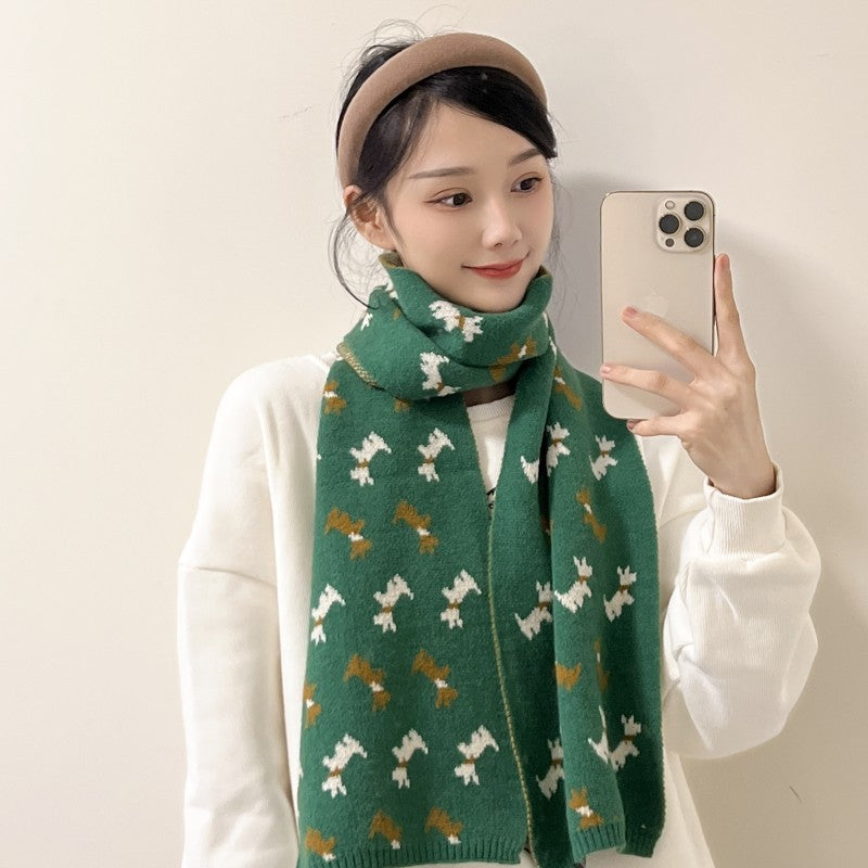 Green Knit Dog Animal Pattern Scarf Long Warm Winter Wrap Unisex Gift New