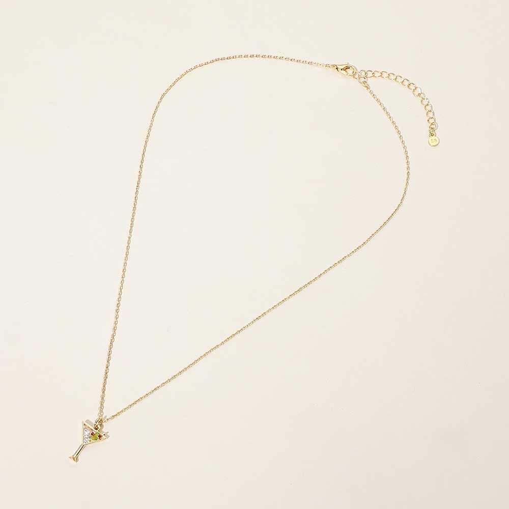 Gold Martini Glass Pendant Necklace with Crystal Accents and Olive Detail