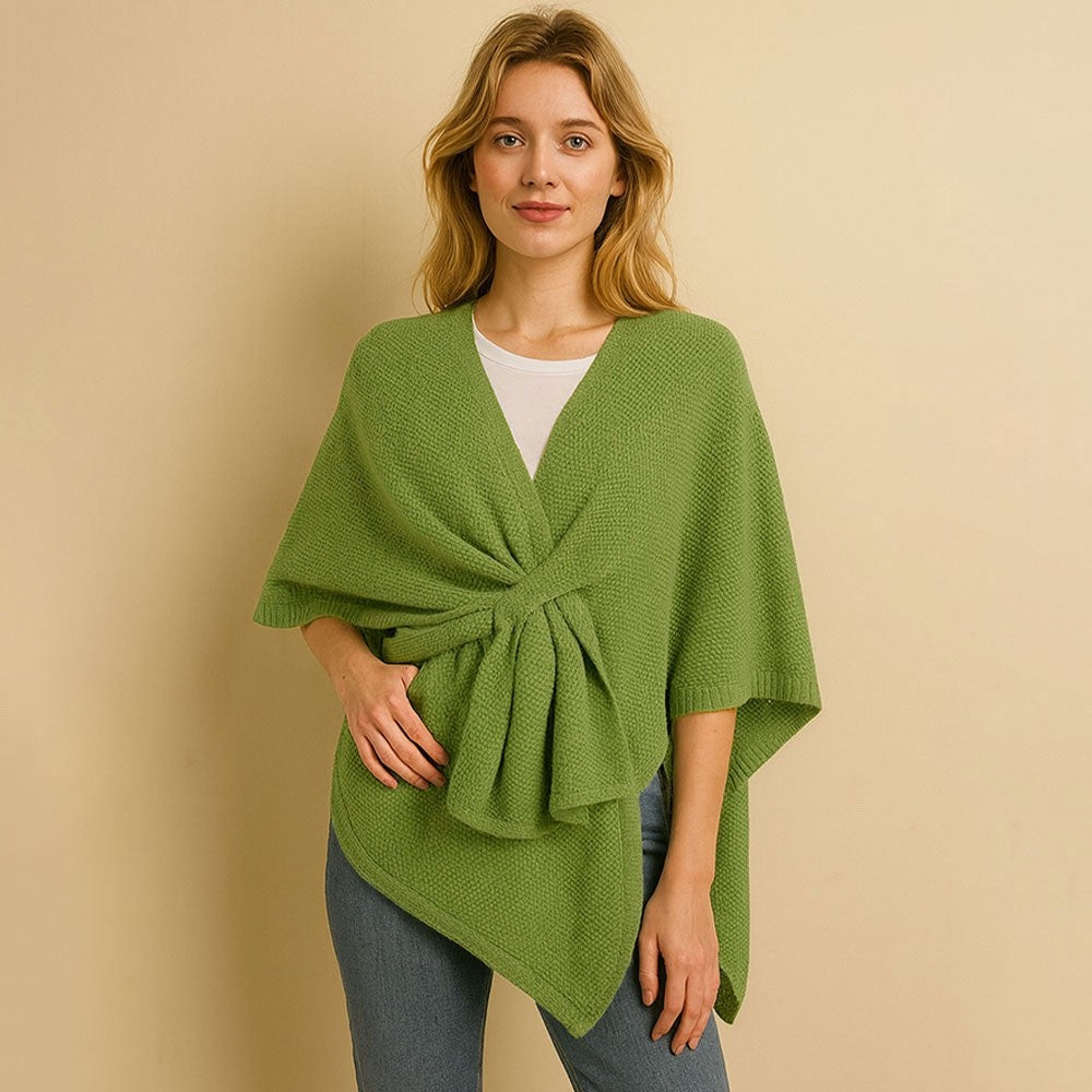 Green Waffle Knit Twist Front Poncho Wrap Cardigan Sweater Shawl Fall Fashion