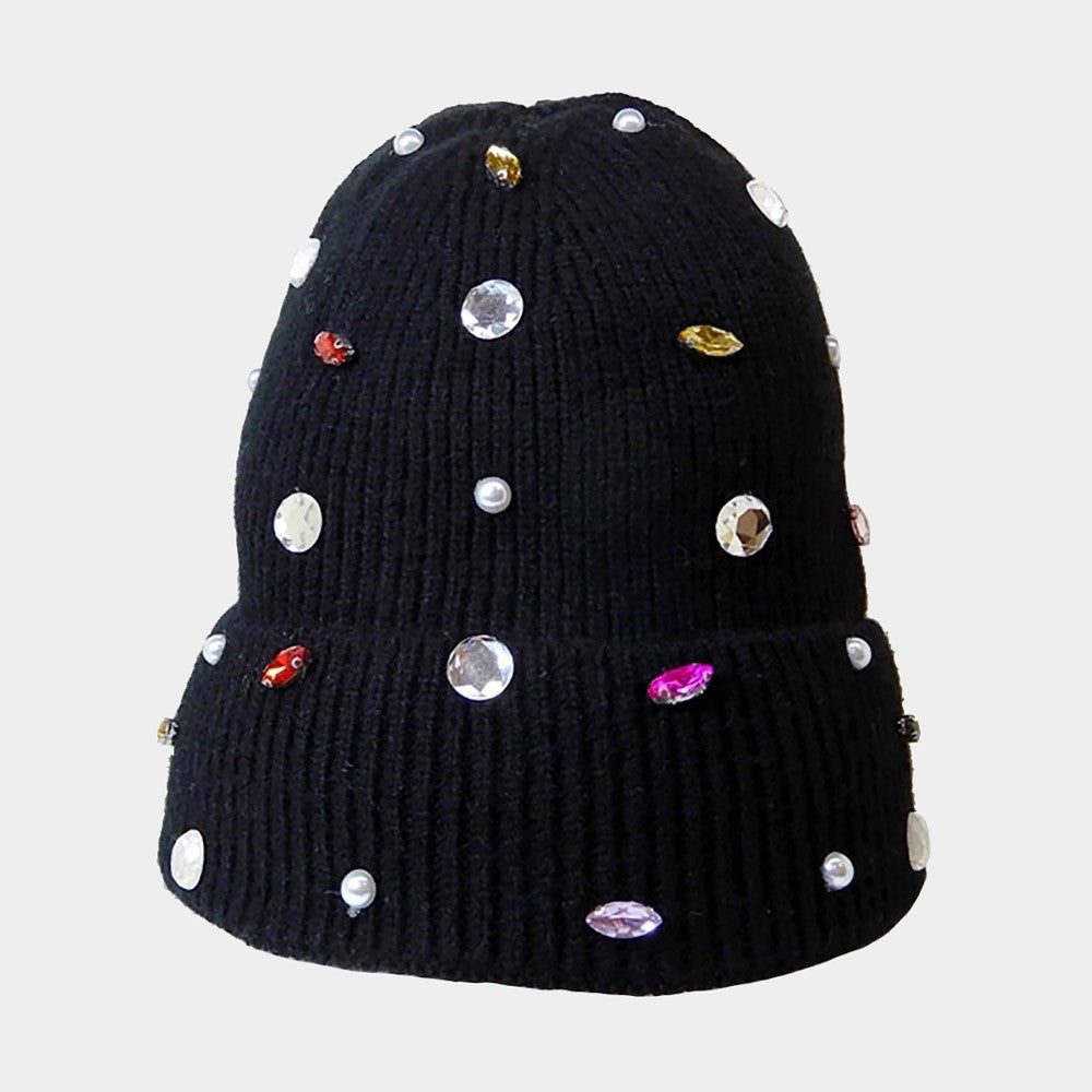 2pcs Red Black Knit Beanie Hat Set Rhinestone Pearl Embellished Winter Accessory