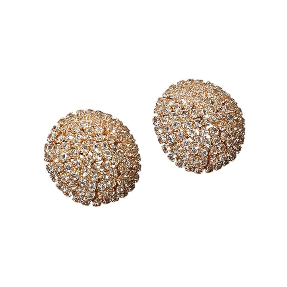 Gold Pave Crystal Dome Stud Statement Earrings with Sparkling Rhinestones