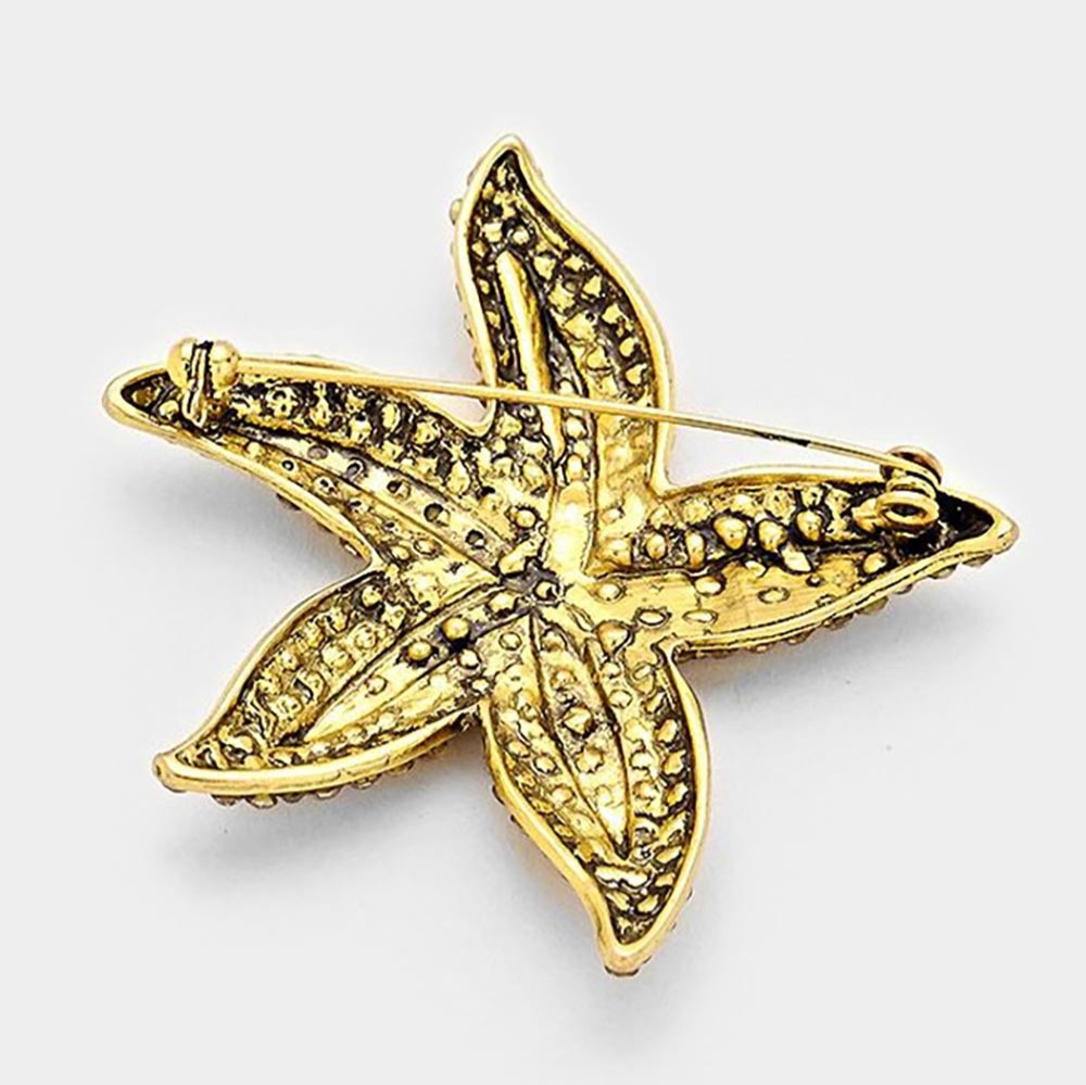 Gold Starfish Brooch Amber Crystal Rhinestone Nautical Sea Life Statement Pin