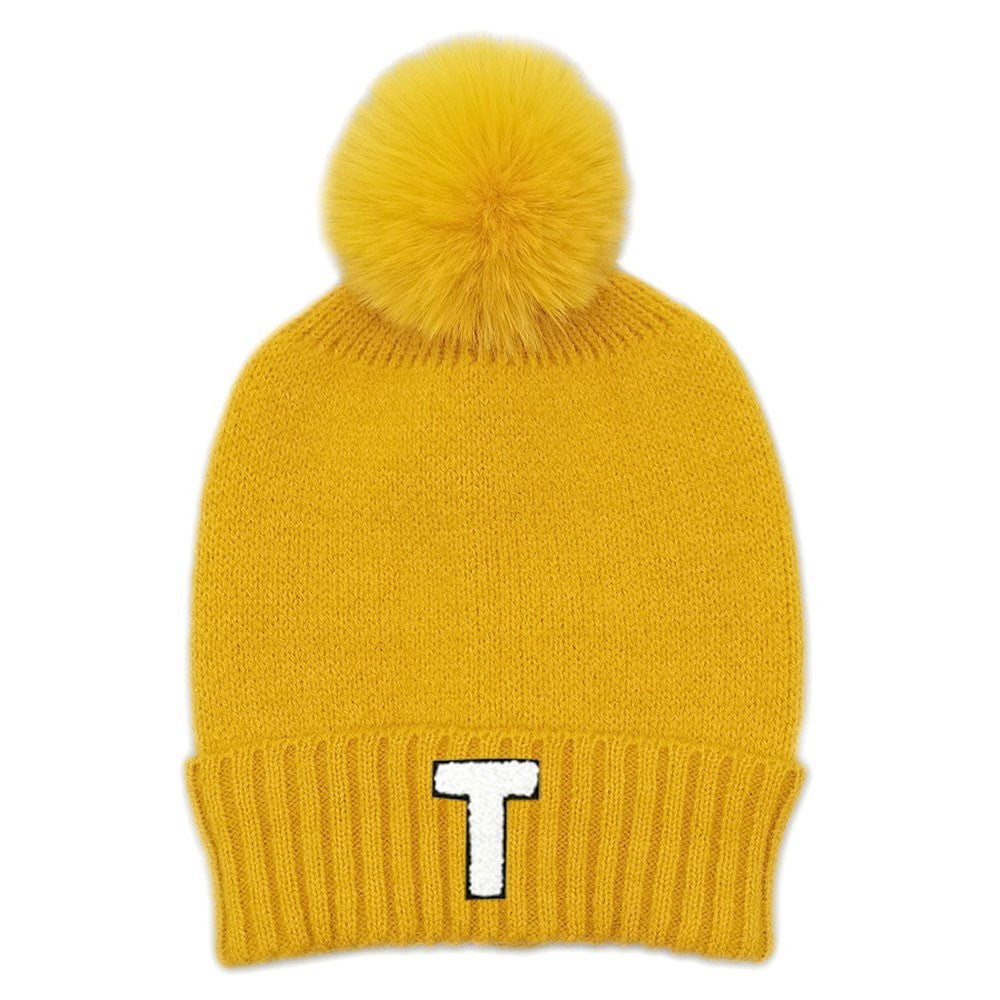 Women's One Size "T" Initial Monogram Faux Fur Pom Pom Knit Beanie Winter Hat