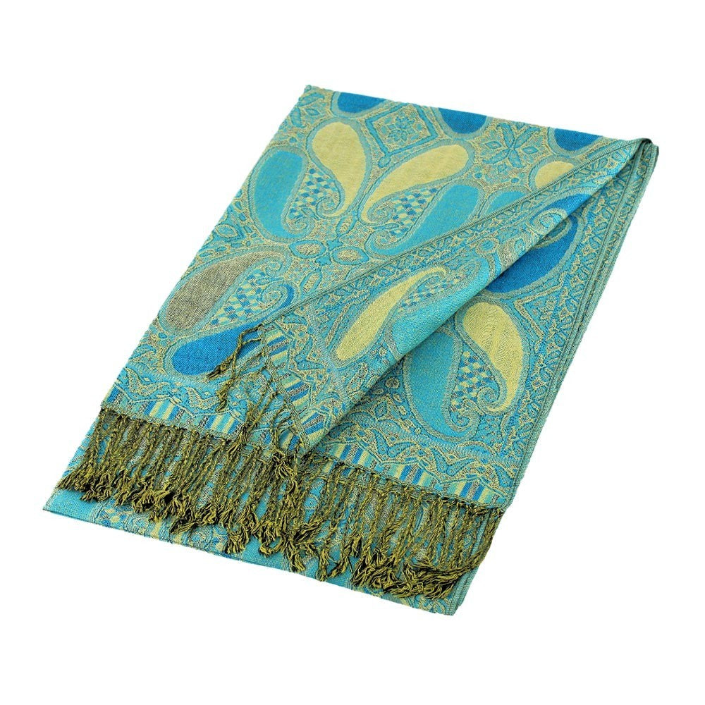 2 Piece Large Paisley Pashmina Scarf Shawl Womens Aqua Beige Polyester 28" X 78"