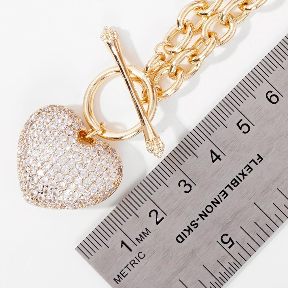 Gold Dipped CZ Pave Heart Pendant Toggle Necklace for Women Jewelry Pendants