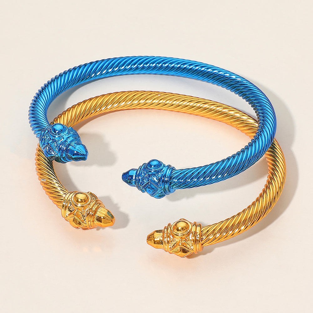 2PCS Metal Twisted Cuff Bracelets Gold and Blue Adjustable Bangle Set