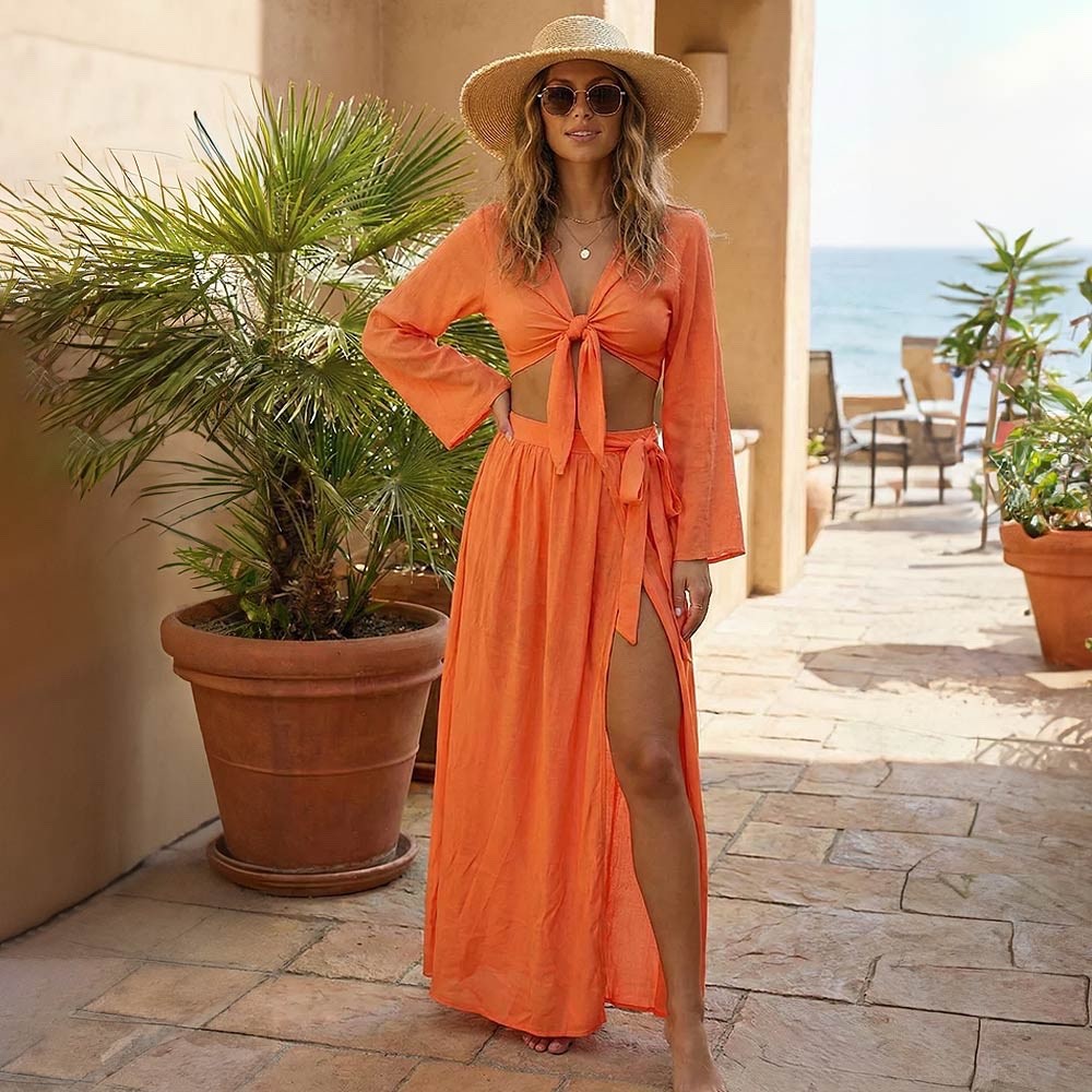 2pc Orange Linen Blend Tie Front Crop Top and High Slit Maxi Skirt Set One Size
