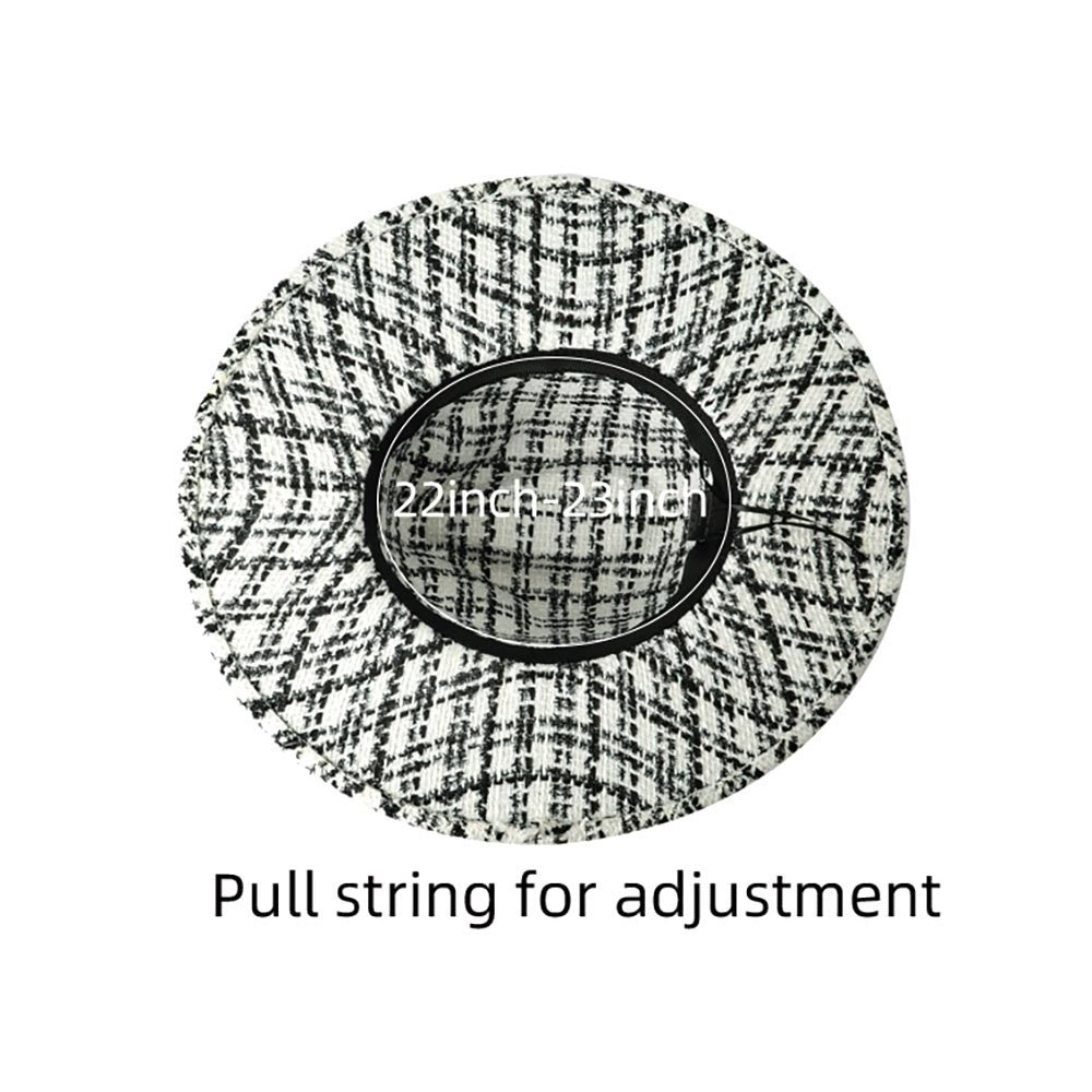 Womens Black White Plaid Check Hat Adjustable Wide Brim Belted Hats for Ladies