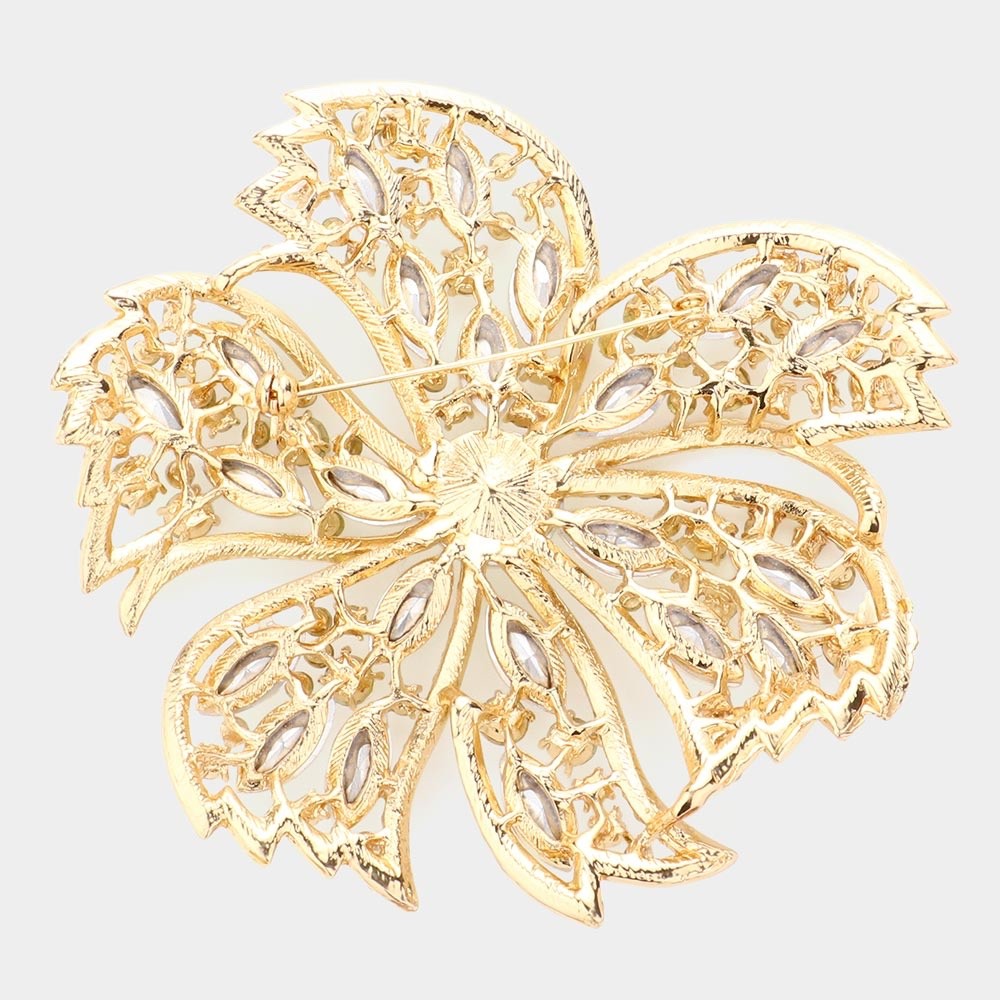 Sparkling AB Crystal Floral Statement Brooch Gold Tone Large Flower Pin 4"