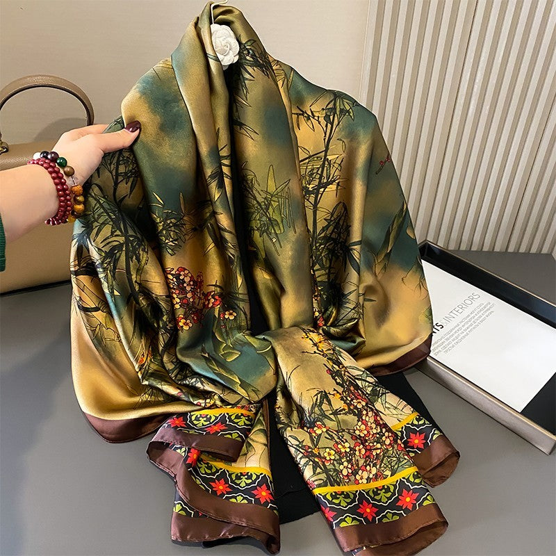 Extra Large Silk Feel Scarf Shawl Chinese Bamboo Floral Print 71 x 35 inches