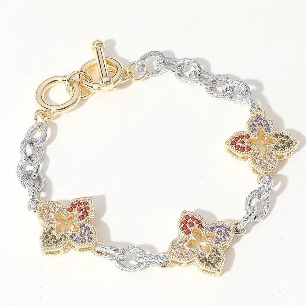 Luxury Inspired Monogram Flower Bracelet Crystal Gold Silver Tone T-Clasp