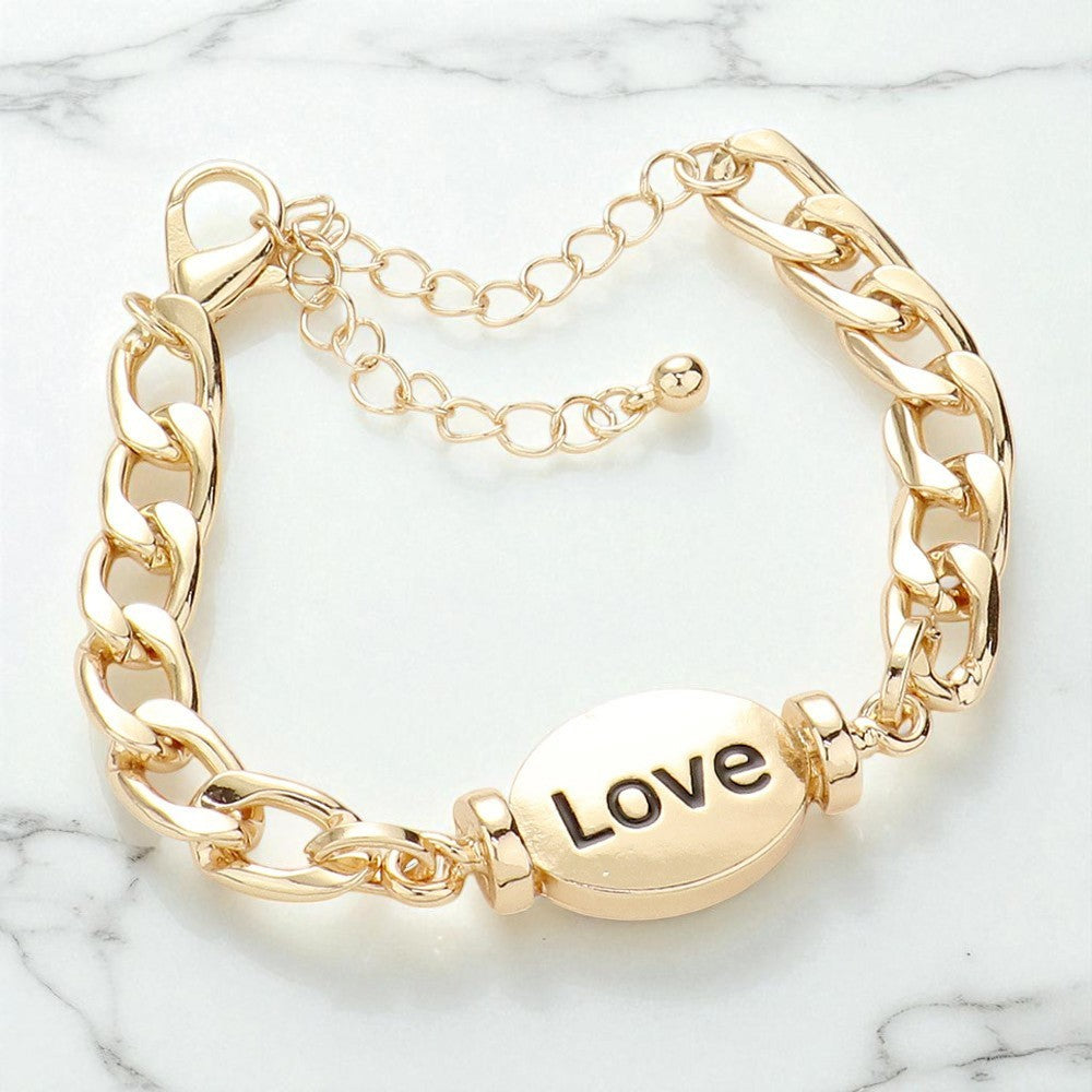 Gold Tone Chain Link "Love" Charm Bracelet 2PCS Set Couple Gift Jewelry Bracelet