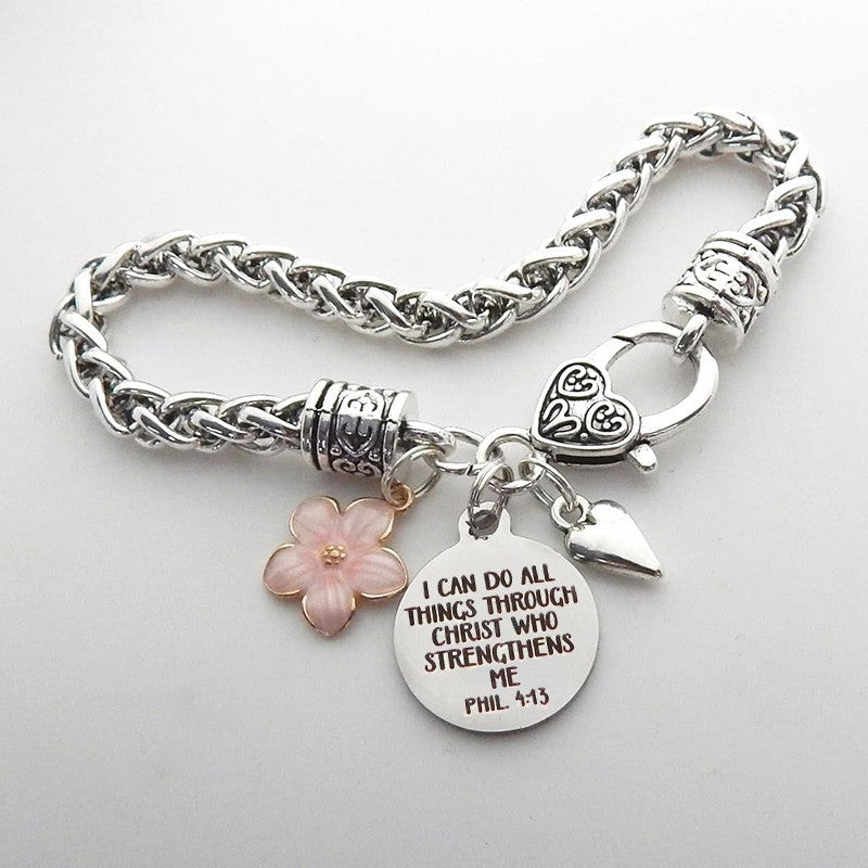 Silver Tone Philippians 4:13 Scripture Charm Bracelet Faith Gift for Women