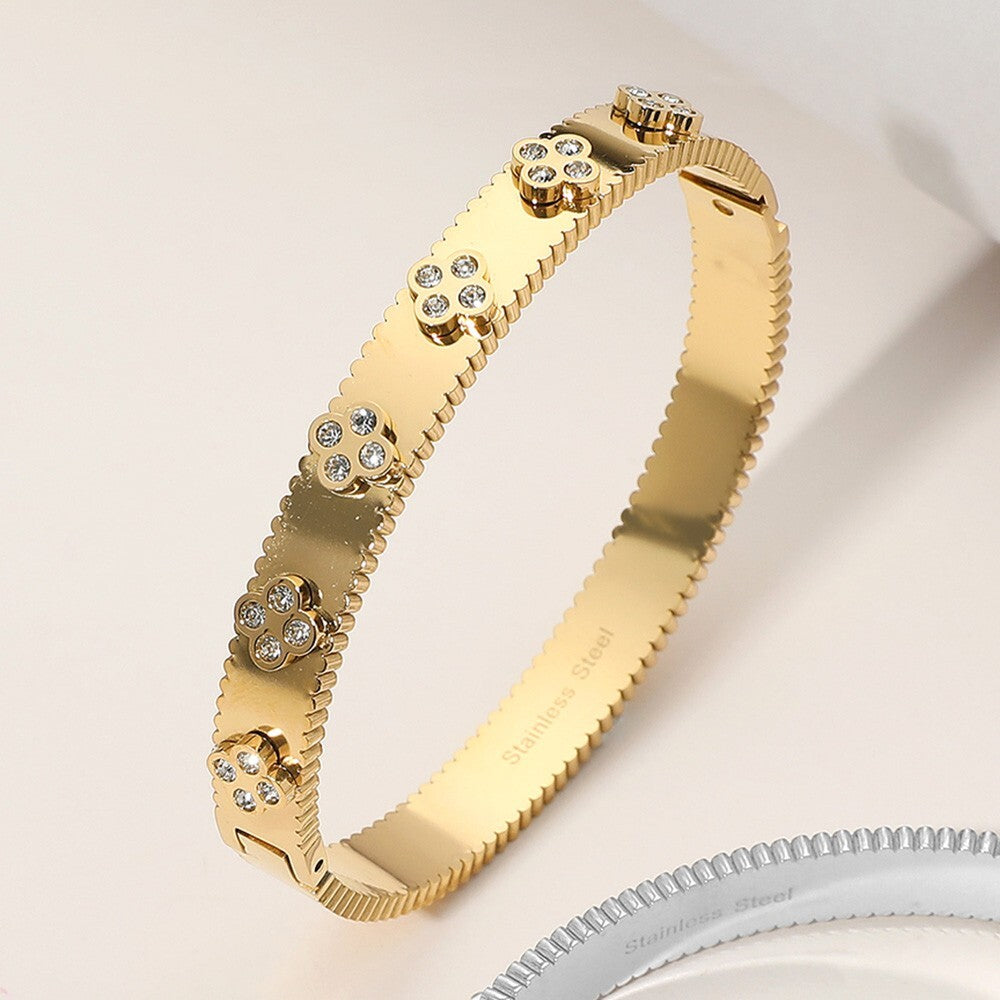 Stainless Steel Quatrefoil Paved Hinged Bangle Bracelet Set Gold and Silver