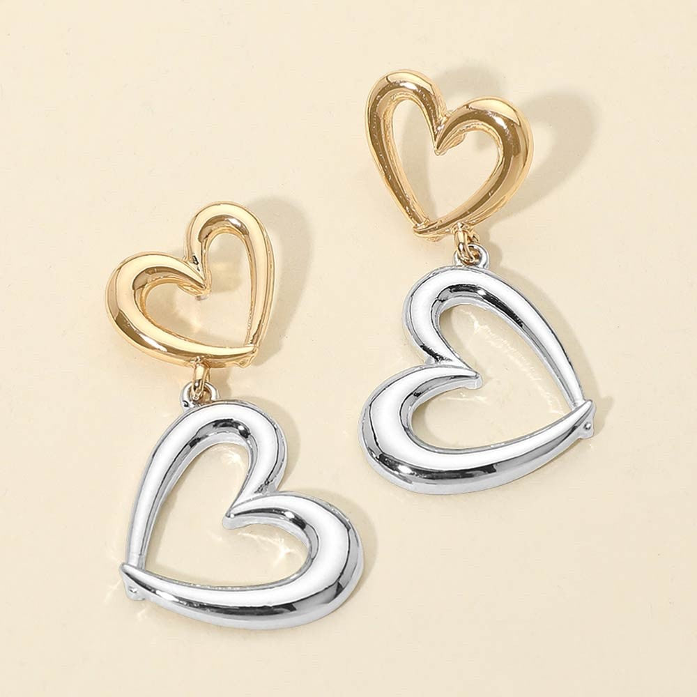 Mixed Metal Gold and Silver Tone Open Double Heart Dangle Drop Earrings