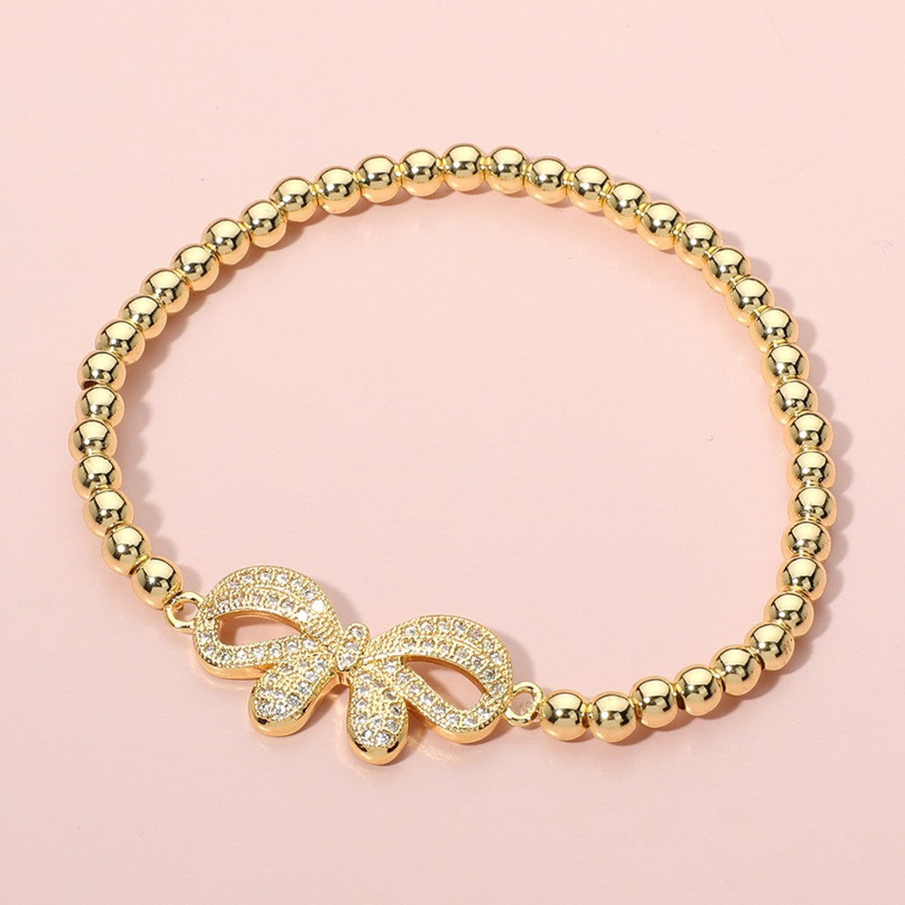 2-Piece Set Gold & Silver Bow Beaded Stretch Bracelet Womens Stainless Steel