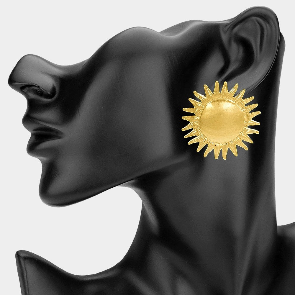 Matte Gold Celestial Sunburst Oversized Stud Earrings Fashion Statement