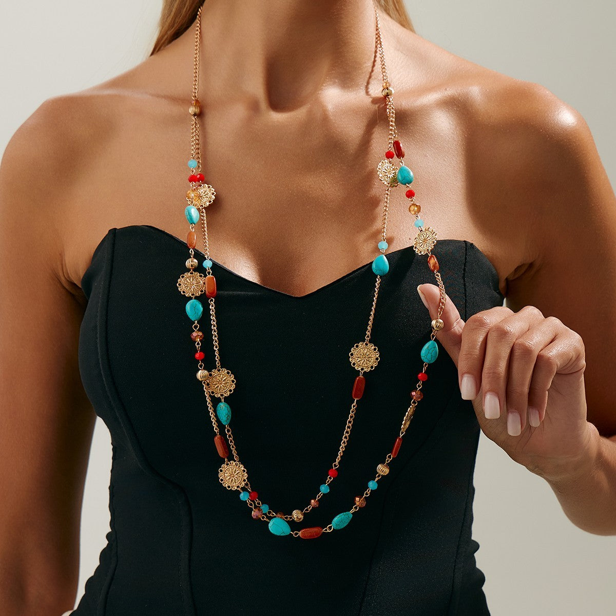 Bohemian Turquoise Beaded Multi-Strand Gold Coin Statement Necklace
