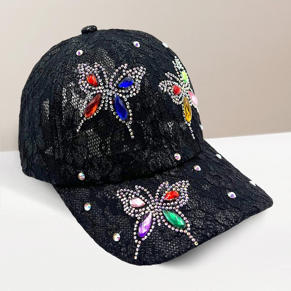 Black Lace Butterfly Rhinestone Baseball Cap Sparkling Jewel Crystals