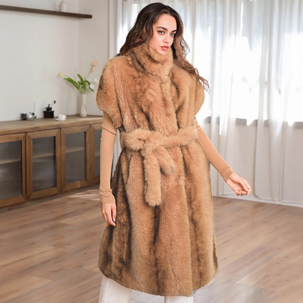 Women’s Luxury Faux Fur Vest Long Shaggy Sleeveless Coat Camel Tan Outerwear