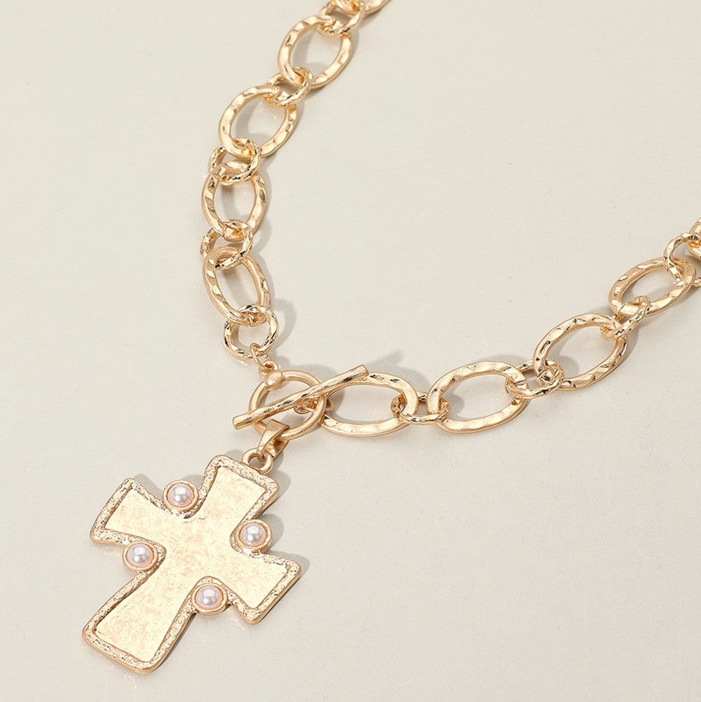 Gold Chain Cross Necklace for Women – Hammered Pendant with Faux Pearls