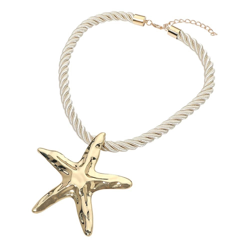 Gold Oversized Starfish Pendant Cream Rope Cord Statement Necklace - Beach Jewel