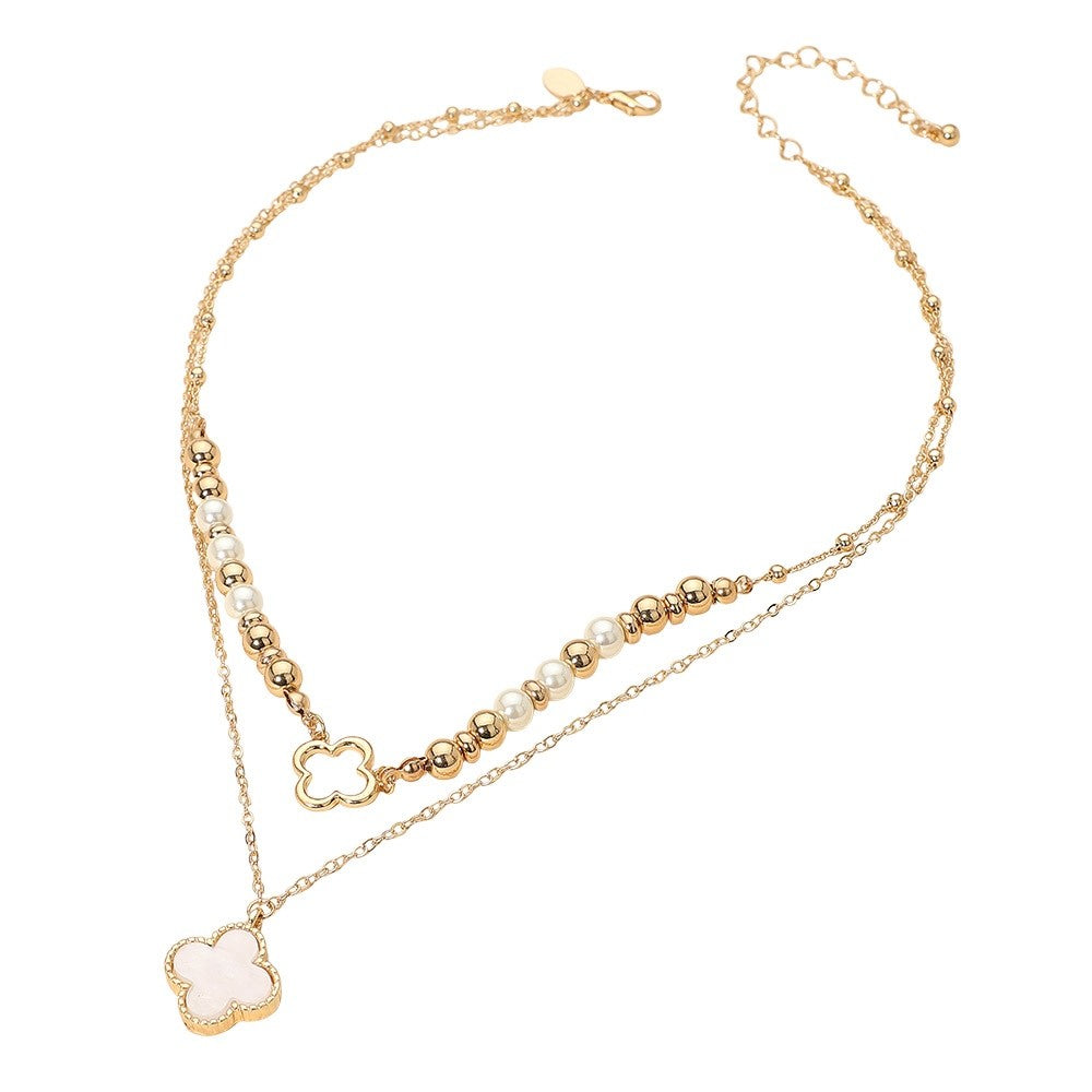 Gold Tone Layered Faux Pearl and White Clover Pendant Necklace Fashion Jewelry
