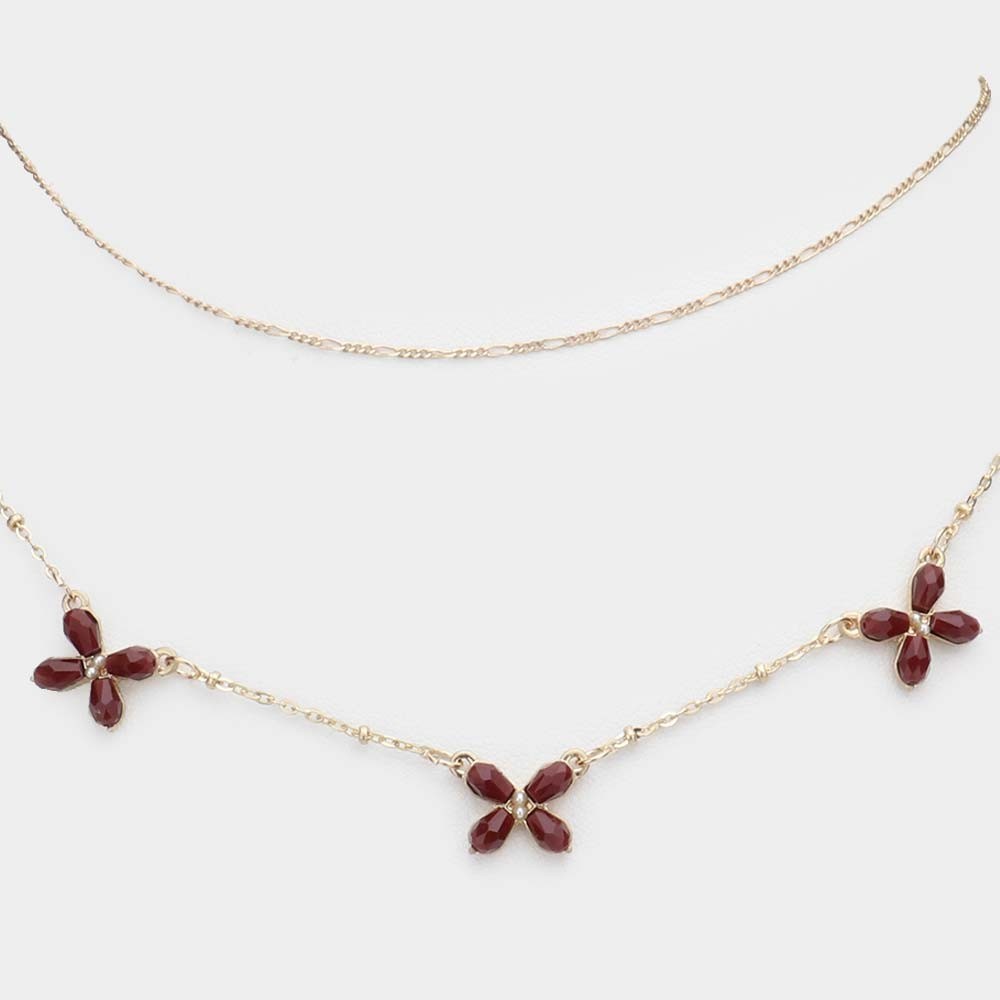 Gold Floral Necklace with Maroon Gemstone Clusters for Layering or Gifting