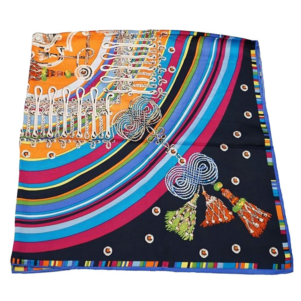 Vibrant Orange Navy Silk Blend Scarf Baroque Cord 51" Square Scarves for Women