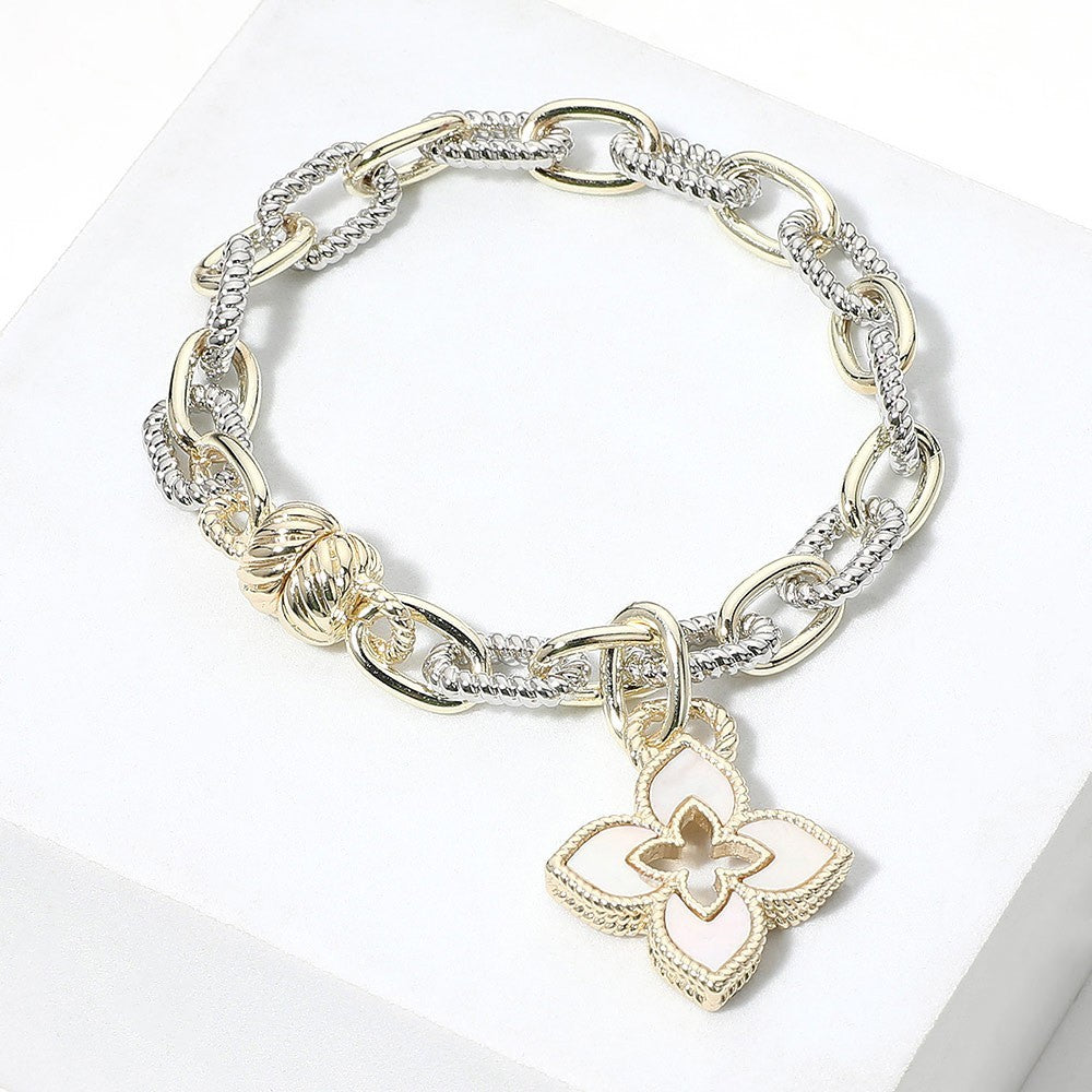 14K Gold Plated Two Tone Mother of Pearl Clover Magnetic Bracelet for Women
