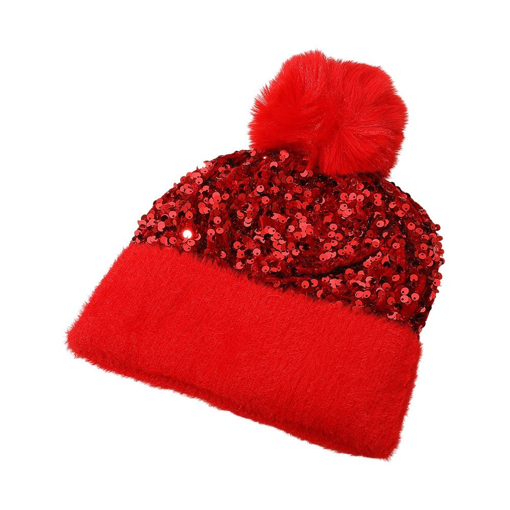 Sparkly Red Winter Hat for Women Sequin Beanie with Plush Band and Pom Pom