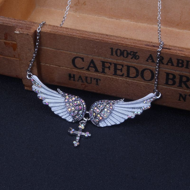 Rhinestone Angel Wing Cross Necklace Gift Set 3 Pcs Pink Blue Silver Jewelry