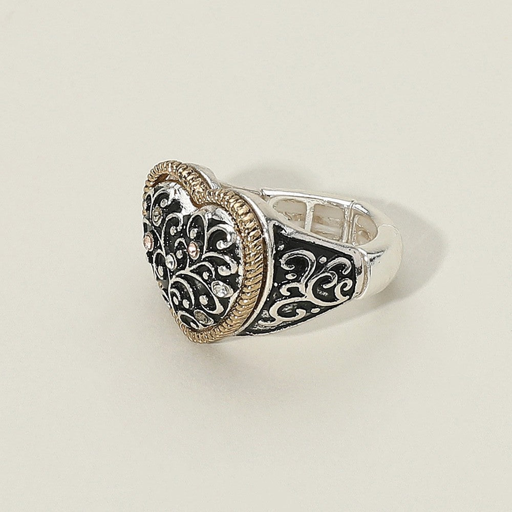 Vintage Filigree Heart Statement Ring Lady Two-Tone Rope Border Crystal Accents