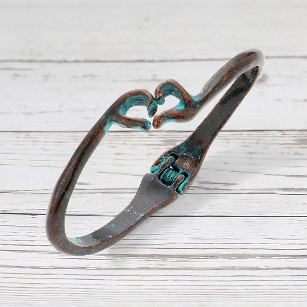Rustic Patina Heart Hands Bracelet Sculpted Wrench Design Hinged Closure