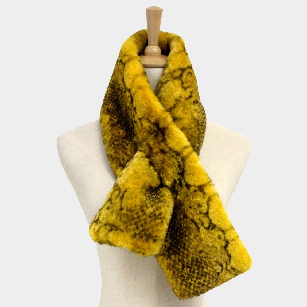 Womens Snake Skin Patterned Faux Fur Pull Through Scarf Yellow Black